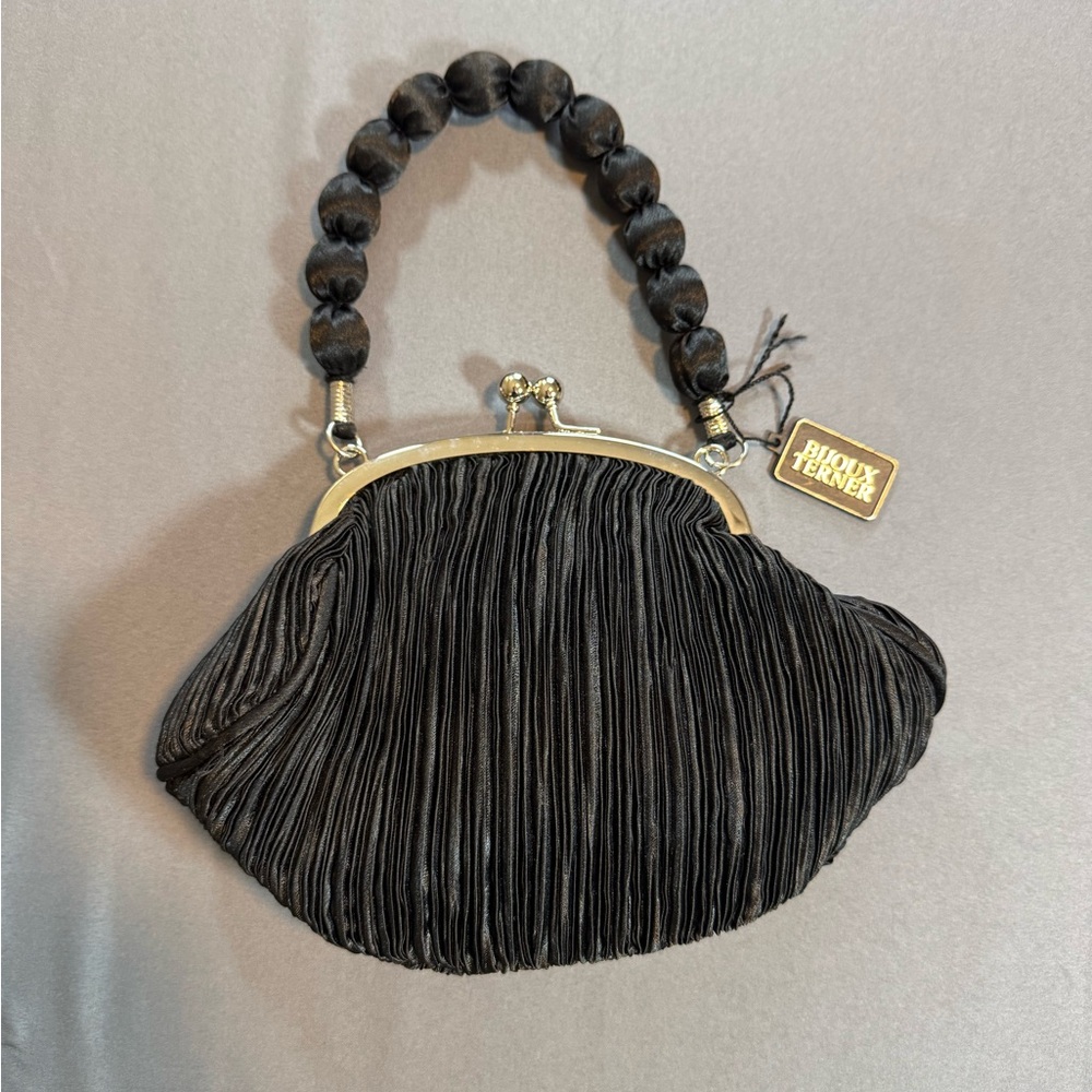 Bijoux Terner Black Pleated Beaded-Handle Evening Clutch